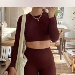 Burgundy Long Sleeve Crop Top and Leggings Set